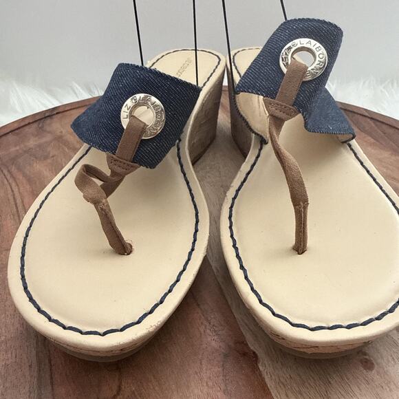 Liz Claiborne Sandals Womens Size 8 Blue Denim Lively Cork Wedge Thong Platform - Picture 2 of 9